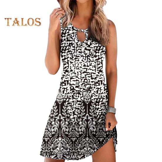 Damen Boho Ärmelloses Mini-Kleid Rundhalsausschnitt Bedrucktes Kurzes Tankkleid Sommer Lässig Strand Swing Sonnenkleid