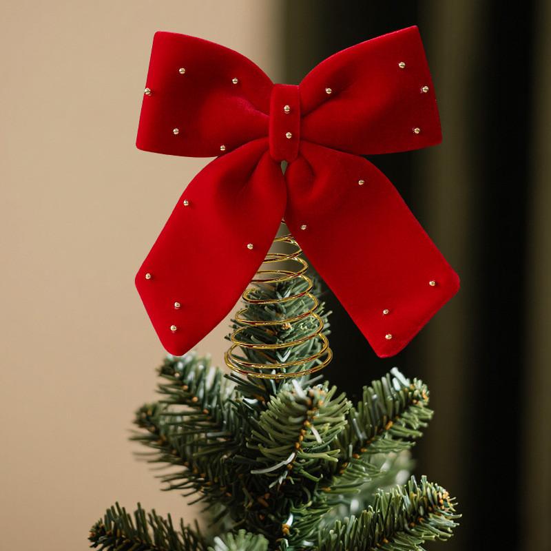 Flannel Red Bow Tree Topper With Embellished Star For Christmas Celebration