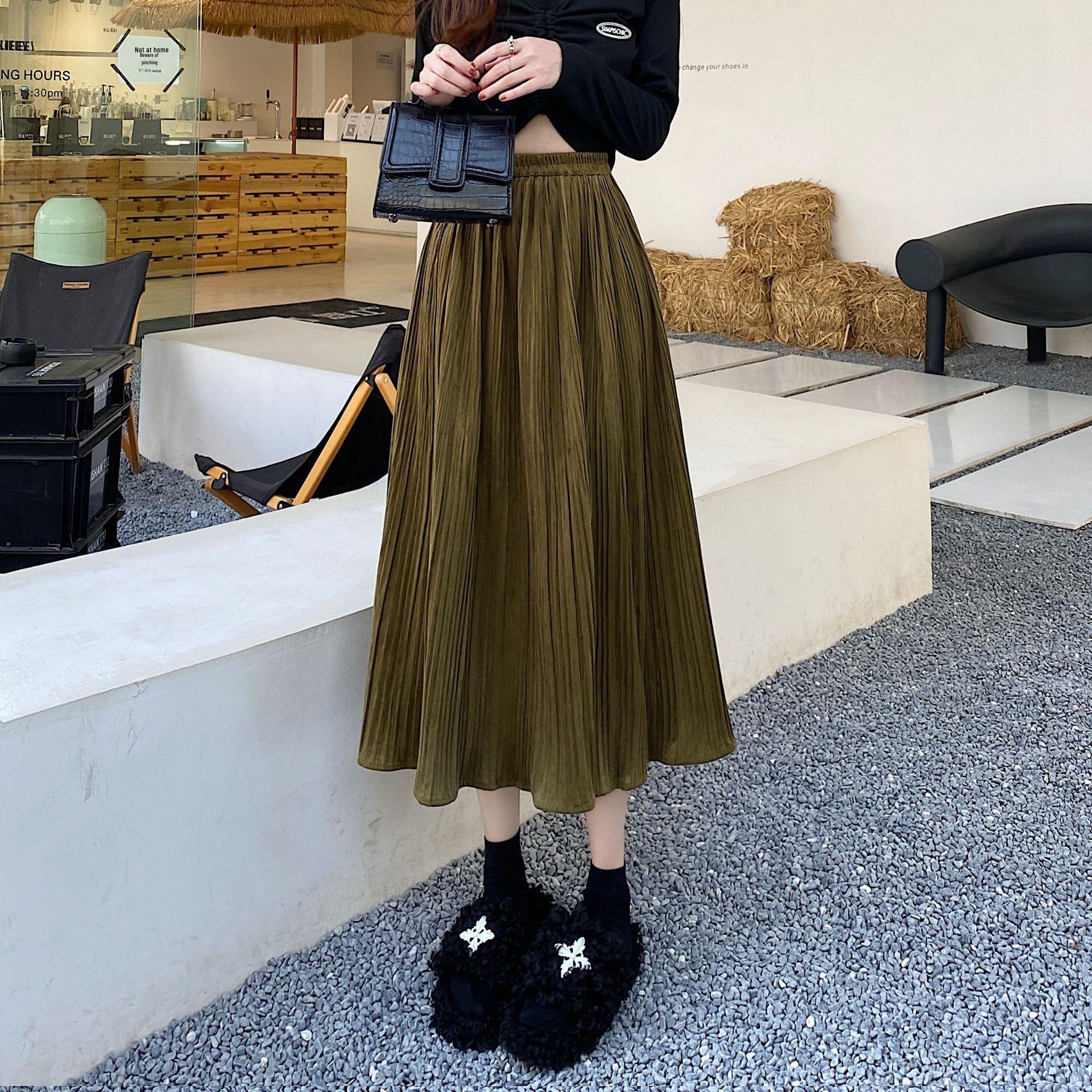 

Plus Size Korean Style High Waist Velvet Pleated A-line Midi Skirt for Autumn and Winter 4XL гірчичний/зелений