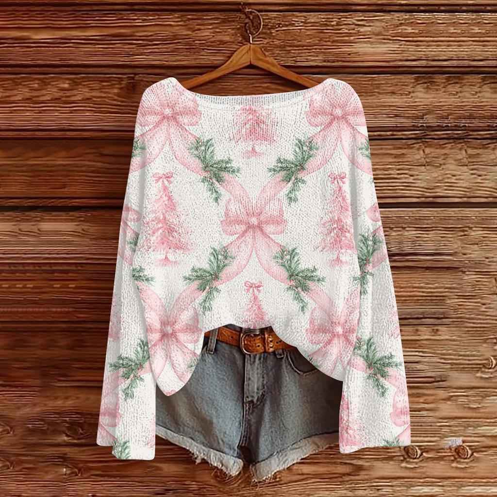 Women's Christmas Print Lightweight Sweater, Casual Long Sleeve Knit Pullover for Holiday