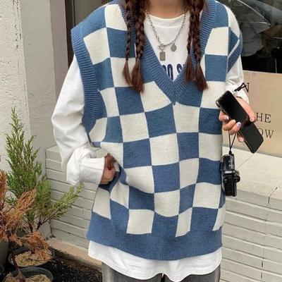 Checkered V-neck Knitted Vest Sweater Female Students To Wear Autumn and Winter College Sleeveless Sweater Vest Female Top
