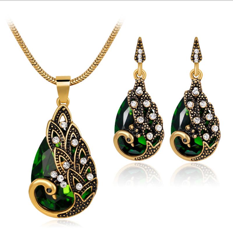 

Waterdrop Exquisite Christmas Blue Zircon Peacock Pendant Necklace And Earring зелений