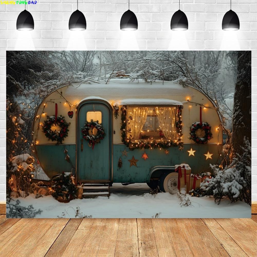 Winter Christmas Car Photography Background Camping Car Forest Xmas Trees Kids Family Portrait Decor Backdrop Photo Studio Props
