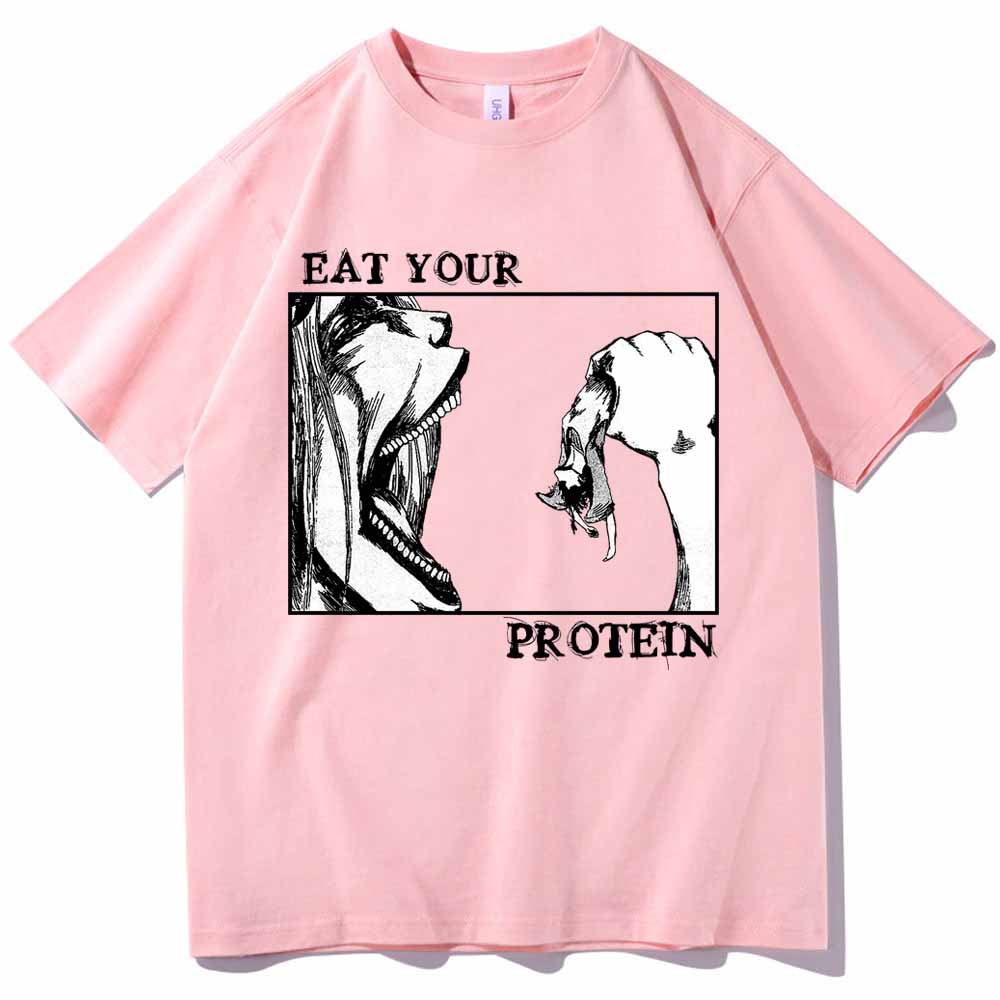Attack On Titan TShirts Eat Your Protein Shirt Unisex Unisex Summer Casual ONeck Short Sleeve Shirts