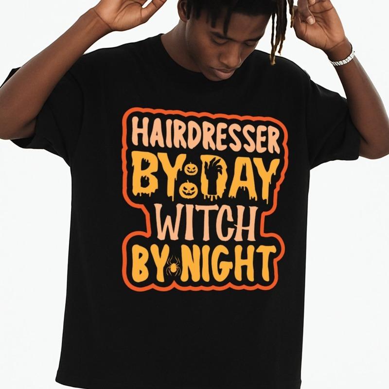 

European sizes Men Hairdresser Witch T-Shirt - Barber-Themed Print Crew Neck Short Sleeve Tee, Soft Breathable Fabric Suitable for Casual Streetwear S чёрный
