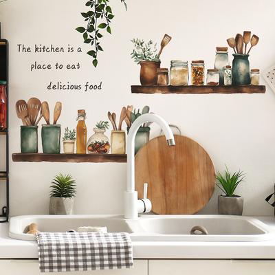 Holzregal Küchenutensilien mit englischer Beschriftung Wandaufkleber Selbstklebend Abnehmbar für Küche Esszimmer Heimdeko Kunst