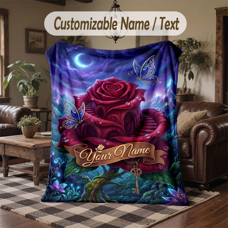 Roses Butterflies Garden Theme Throw Blanket Custom Name Text Personalized Blanket Soft Cozy Blanket for Home Sofa Bed