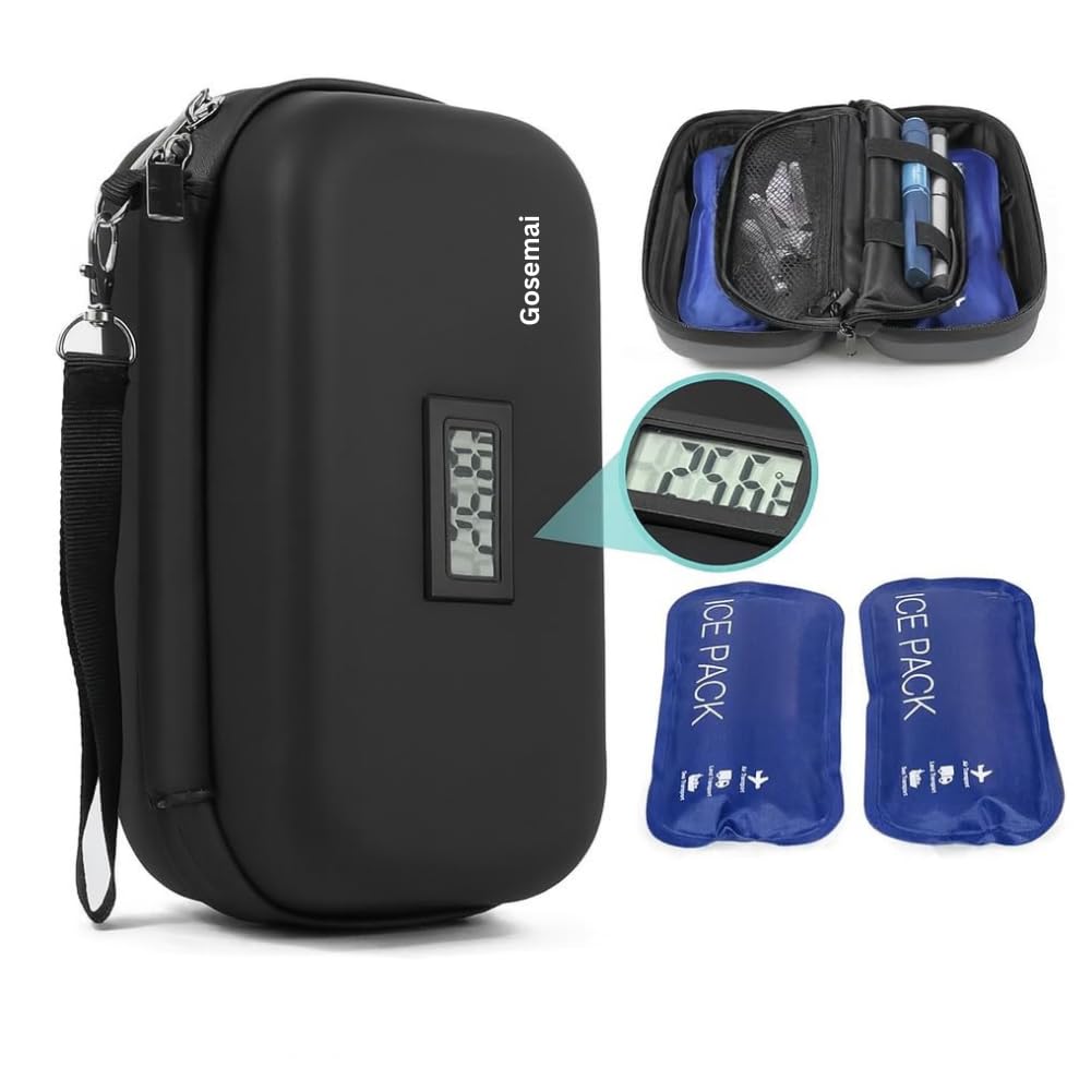 Gosemai Insulin Cooler Case with Temperature Display, Holds 3–4 Pens, 2 Reusable Ice Packs, Hard Shell Diabetic Travel Bag for Insulin, Ozempic & Mo