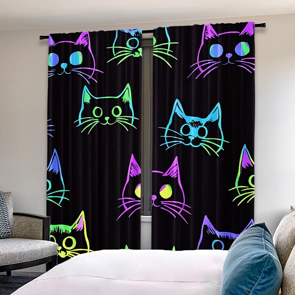 Set Of 2 Fluorescent Cat Print Curtains Installation Polyester Drapes Bedroom Living Room Curtain Sheer For Great Made With Rod Pocket