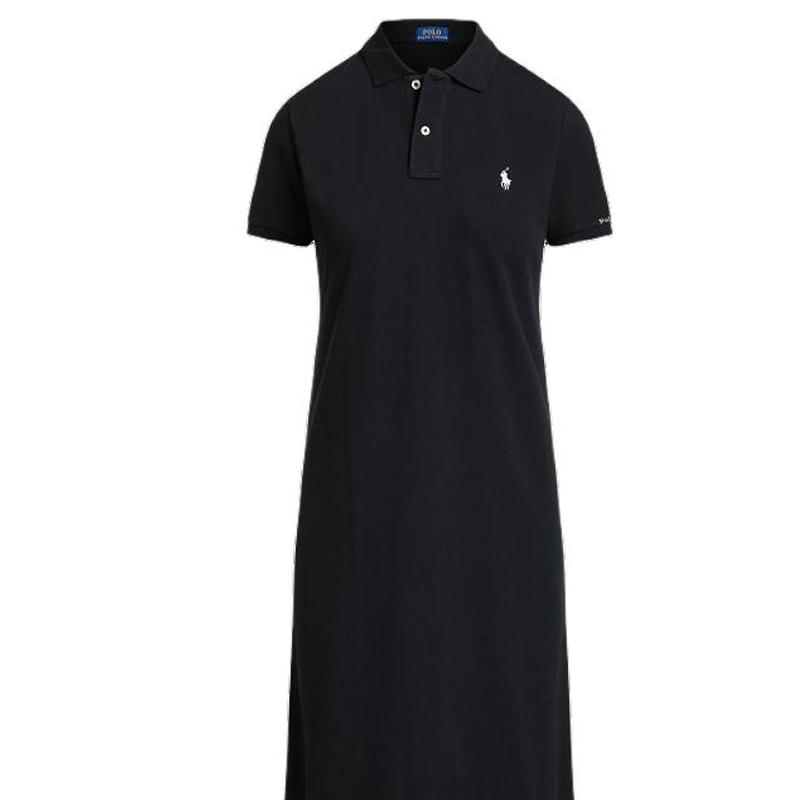 Polo Ralph Lauren Couleur Unie Pony Brodé Col Polo Robe Manches Longues Courtes Droite Robes Femme Noir WMPODRSNFA20218-001