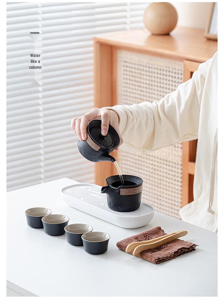 Elegant Portable Ceramic Tea Set with Wooden Tray: 1 Teapot & 4 Cups for Outdoor Adventures