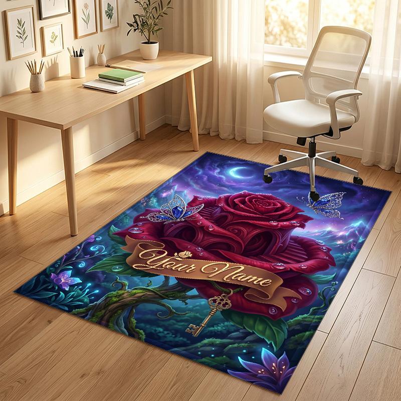 Roses Butterflies Theme Soft Crystal Velvet Rug Custom Name & Text Print Non Slip Floor Rug for Bedroom Living Room