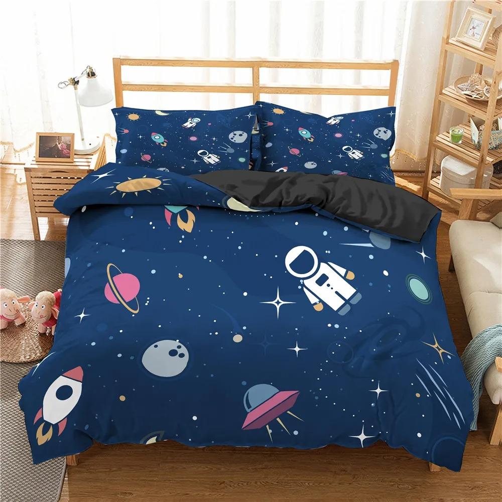 Kreslená ložní souprava Letectví Astronaut Povlak na přikrývku Chlapci Modrá obloha Sen Povlak na přikrývku Twin Single Double Velikosti Povlak na polštář