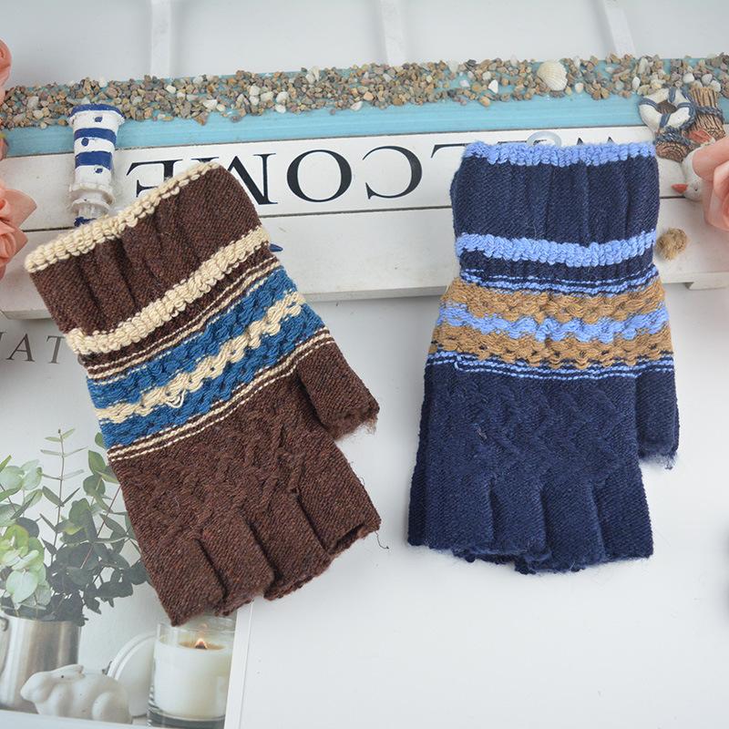 Men's Warm Half-Finger Gloves Winter Jacquard Student Writing Office Wool Gloves