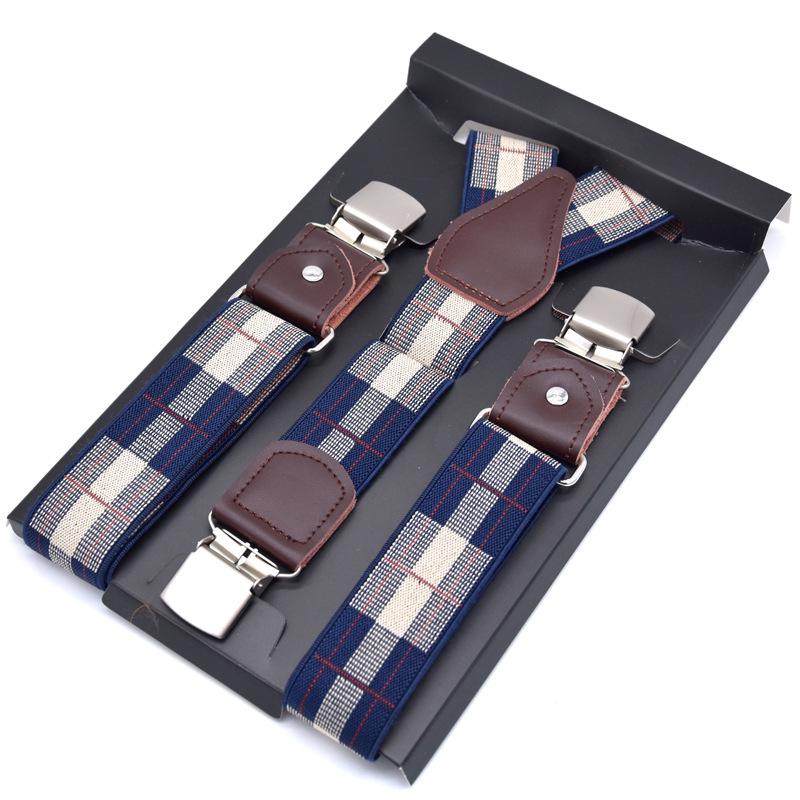 European-Style Plaid Suspenders with Leather Accents and Three-Clip Design