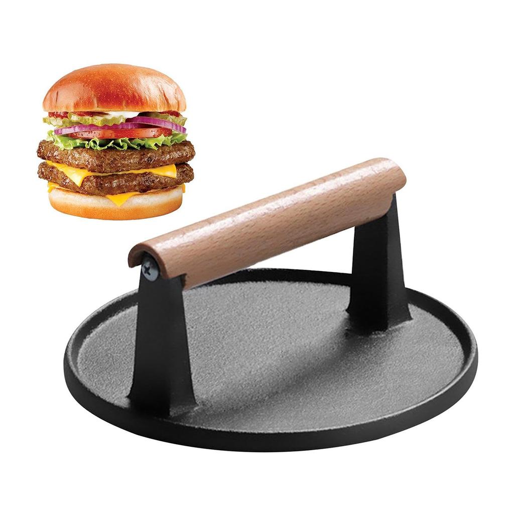 Burger Press Heavy-Duty Cast Iron Bacon Pressed Wooden Handle Grill With Meat Cutlets Perfect For Grilling And Cooking Press