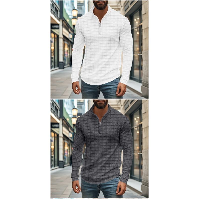 Men's Fashion Quarter Zip Small Plaid Sweatshirt, Stand Collar Long Sleeve Pullover for Spring Fall