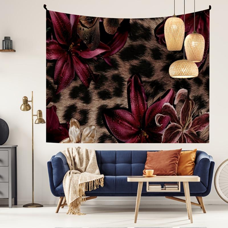 Retro Leopard Print Burgundy Lily Tapestry Luxury Wild Romantic Floral Wall Hanging for Bedroom Living Room Dorm Decor 100X70CM