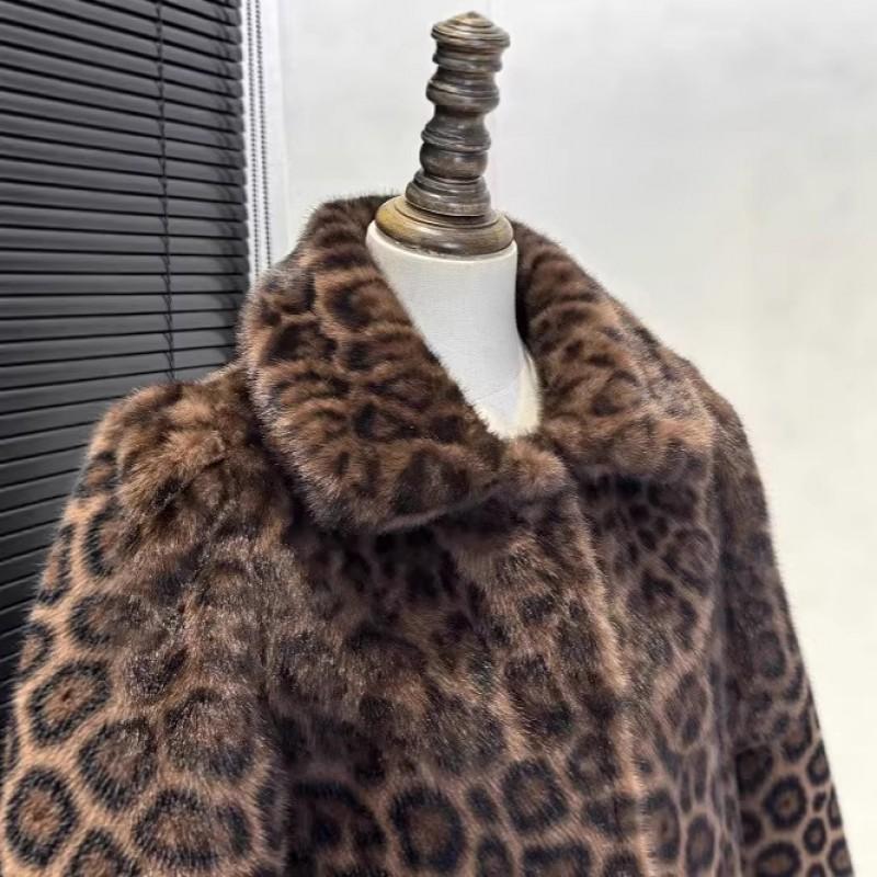 Womens Coffee Leopard Faux Fur Coat Square Neck Long Sleeve Casual Outerwear
