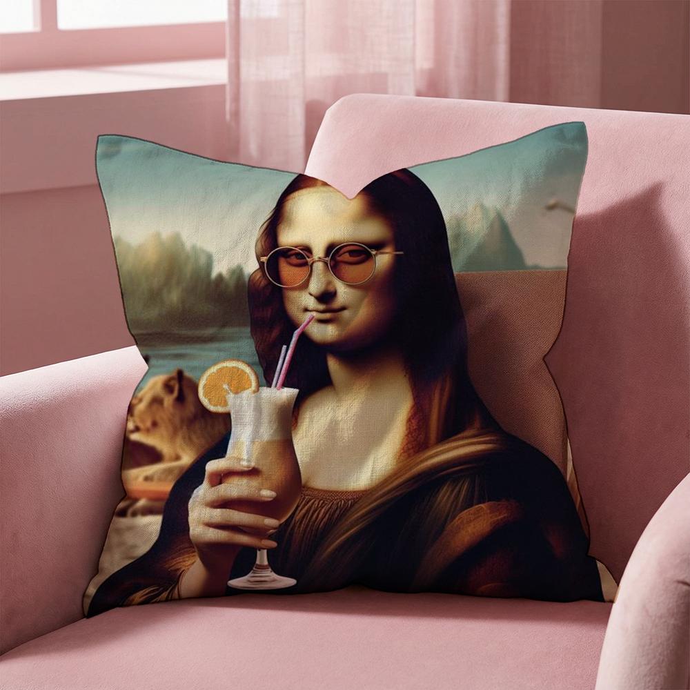 Modern Art Funny Mona Lisa Cushion Cover Multi-Scene Pillow Cover for Home & Car - Reversible, Soft & Durable for Daily Use