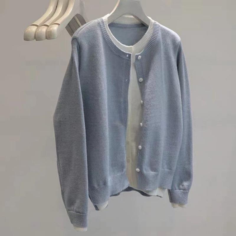 Gray fake two-piece crew neck button-knitted cardigan women's spring new women's sweater trend