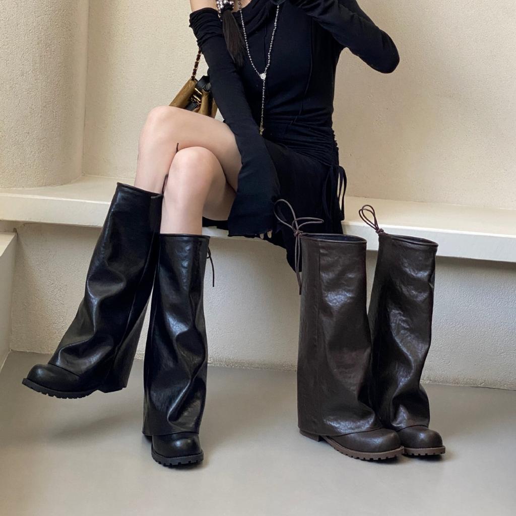 But knee-length knight boots women's 2025 new autumn and winter thin small pants boots thick heel folds pile up