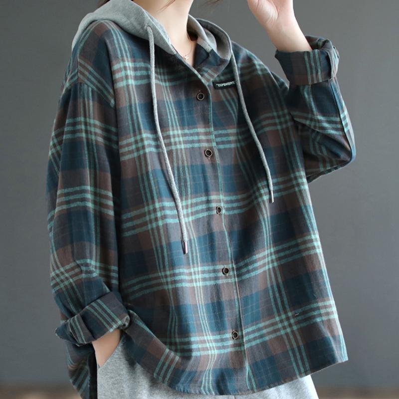 Japanisches Vintage-Karo-Langarmshirt für Damen in Übergröße, lässiger Kapuzenpullover, trendiger Ausverkaufsartikel