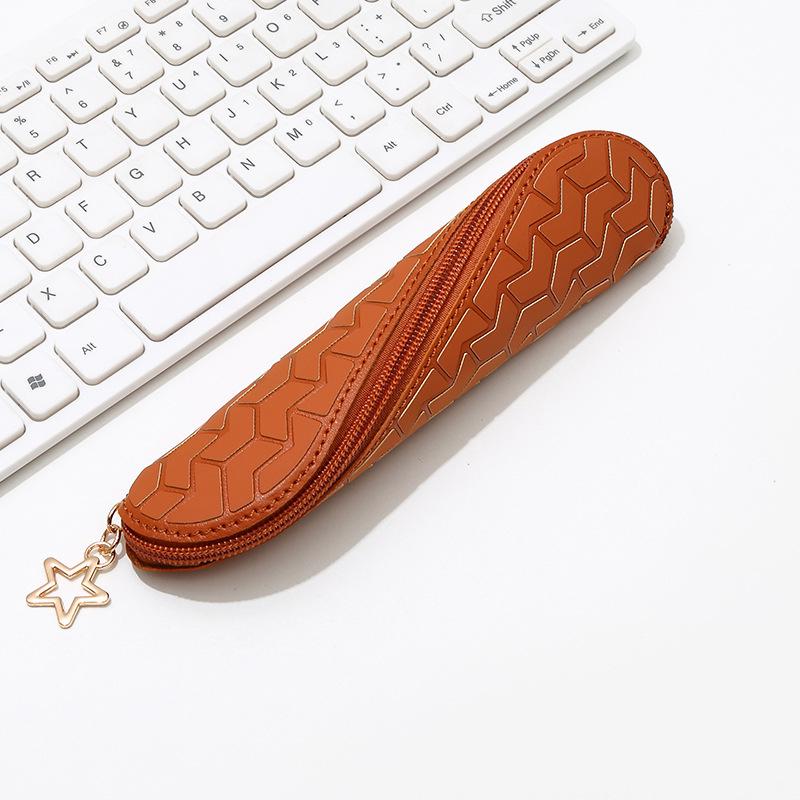 Embossed PU Leather Pencil Case with Star Pendant - Portable Stationery Storage Bag for Students
