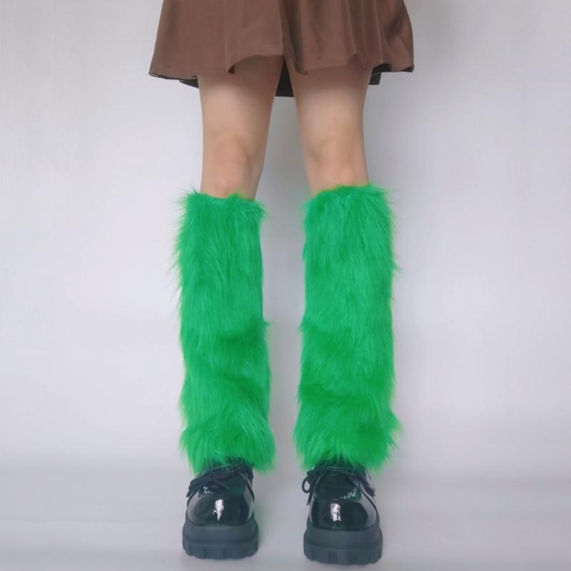 Women Girls Japanese Style Solid Green Plush Leg Warmer Aesthetic Punk Fuzzy Thickened Boot Cuffs Leg Cover Long Sock