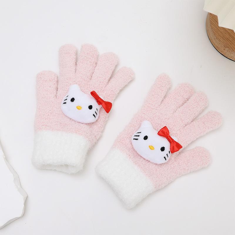 Cute and Cute Color Matching Kai T Cat Five Finger Gloves Autumn and Winter Warm and Thickened Writing Finger Gloves for Boys and Girls