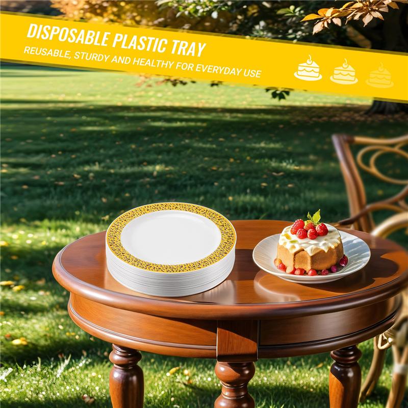 

FTS Gold Disposable Plastic Plates -Lace Design Wedding Party Plastic Plates,Gold Lace Plates Salad/Dessert Plates 25Pack