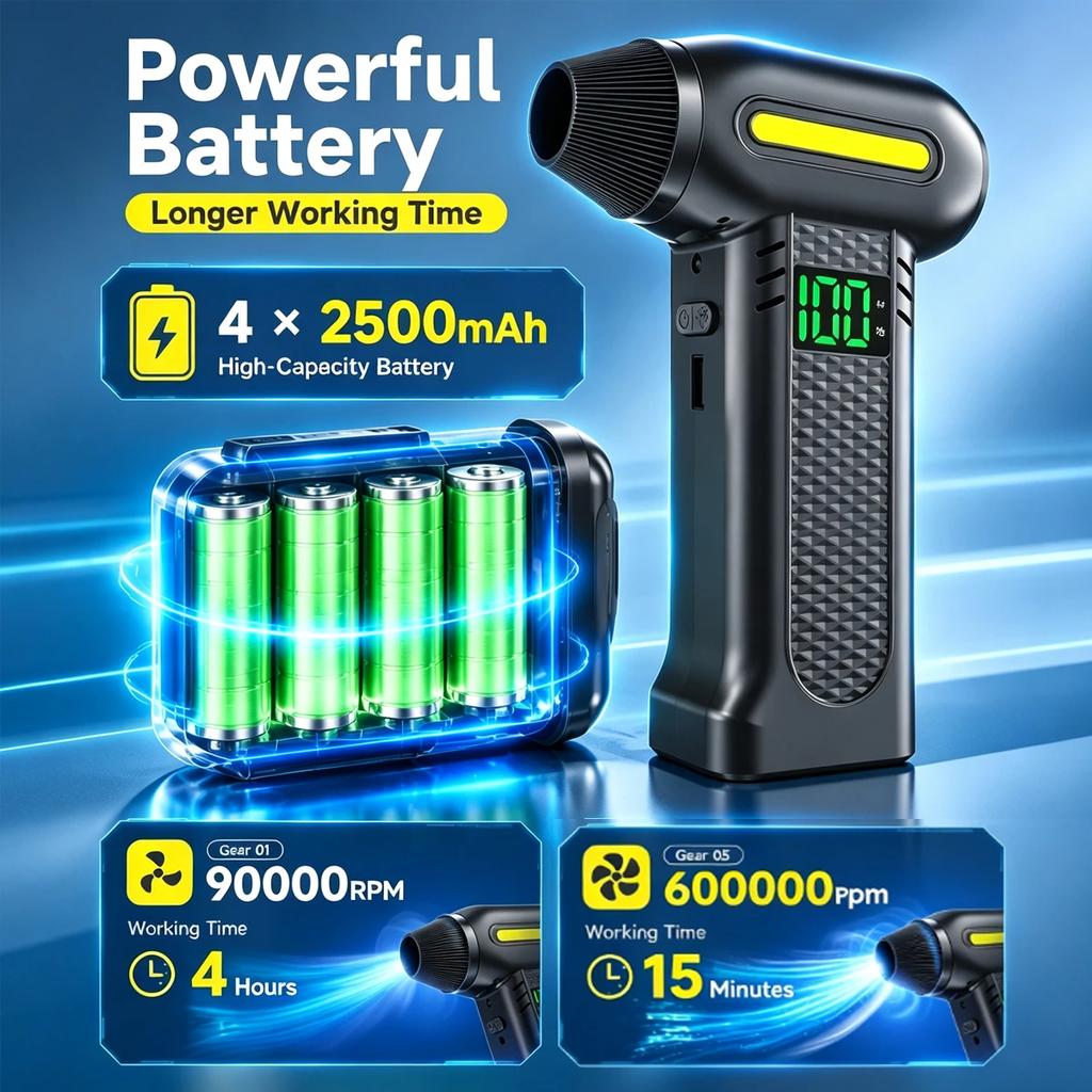 600000RPM Violent Fan Portable Air Blower 5 Gear Adjustable BrushlessTurbo Blower whith 10000mAh Battery Display Cordless Compressed Air Duster