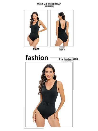 Women's Sexy Solid Color Belted Deep V Tummy Control One-Piece Swimsuit