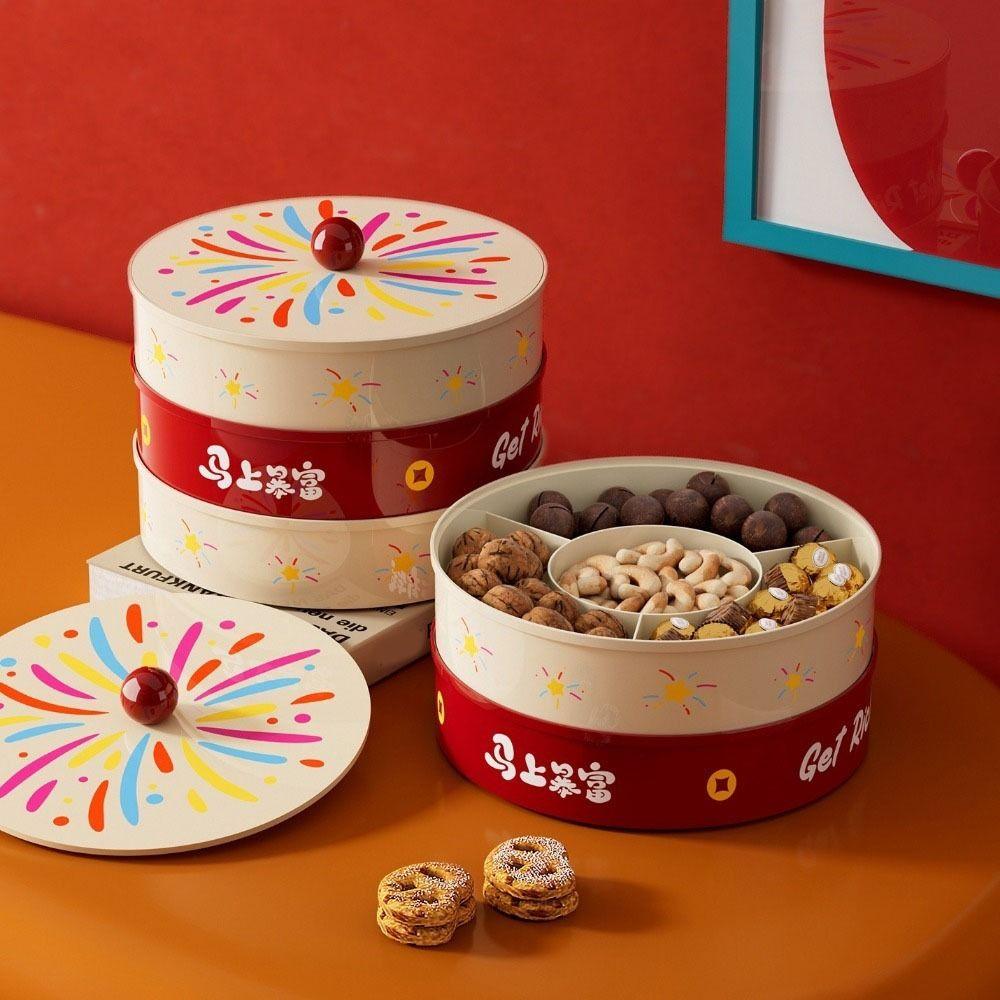 Round Dried Fruit Serving Tray Sealed Snack Plate Divided Candy Dessert Dish New Year