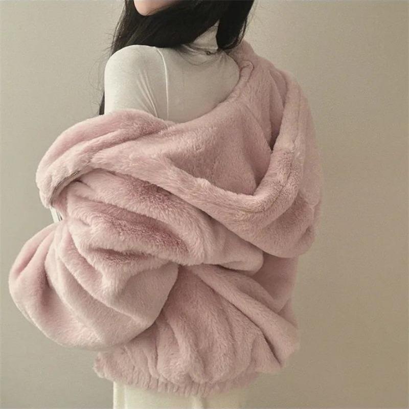 Hooded Plush Thick Section Woolen Jacket Women's Fall and Winter Padded Thickened Zipper Warm Short Coat Cute Fashion