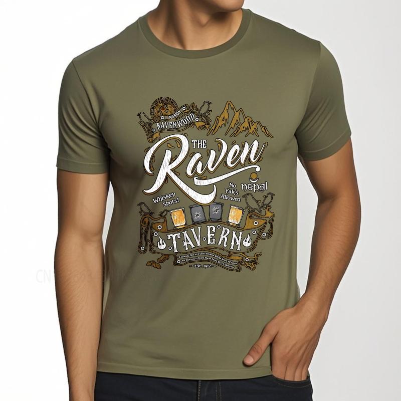 Fashion summer Unisex tshirt The Raven Tavern With Mountains And Drinks Short Sleeve Solid Color O Neck Top tees