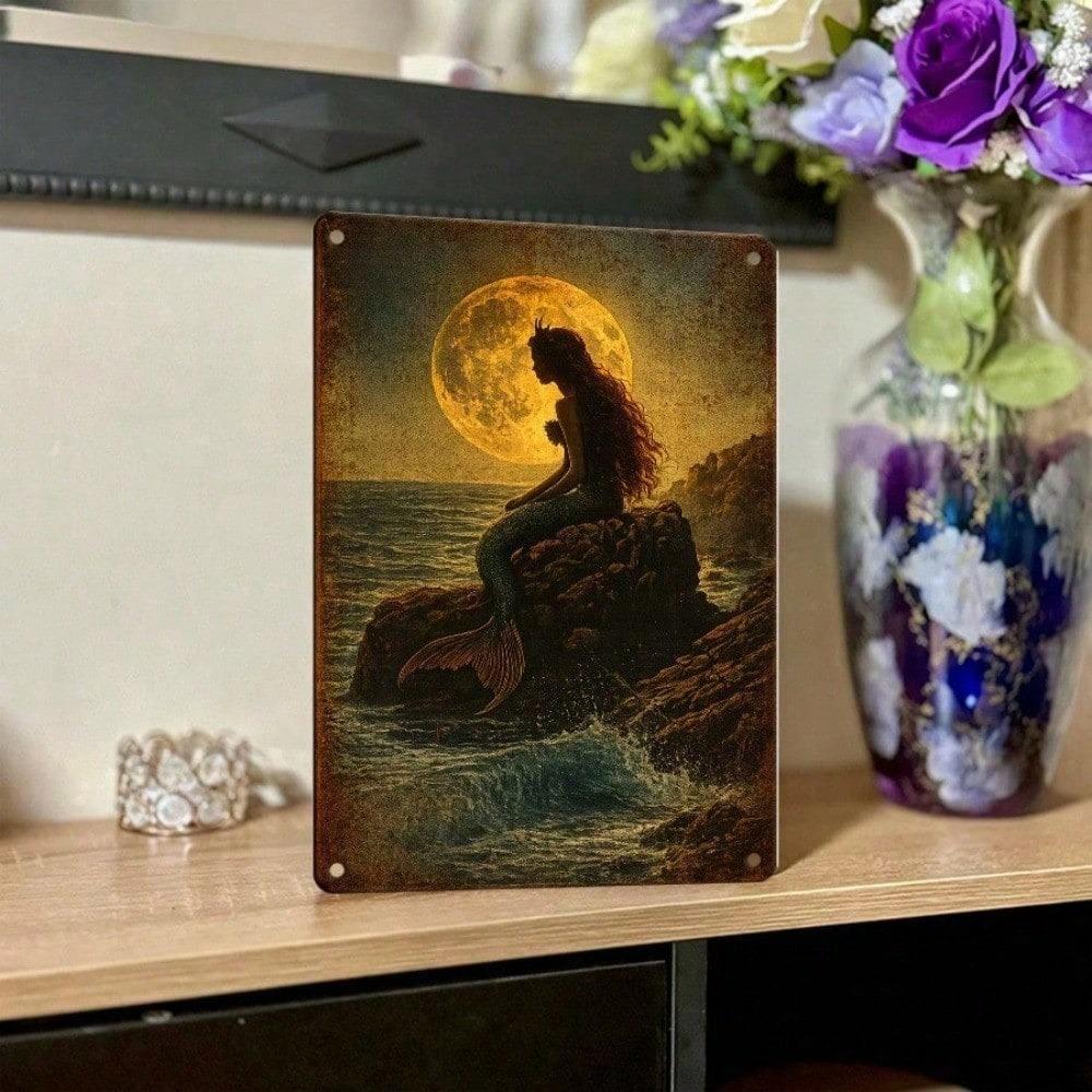 1pc 2D Flat Mermaid By Moonlight Metal Tin Sign, Retro Vintage Wall Decor Plaque, 12x8 Inch Durable Iron Art, Easy-to-Hang Ornament