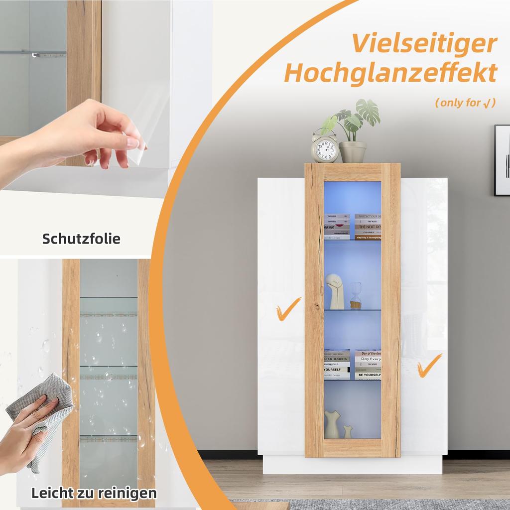 120cm, Transparente Vitrine Hochglanz LED, Bücherschrank 3 Türen & 3 Glasablagen, Hochschränk Standvitrine Wohnzimmer Schlafzimmer Büro,