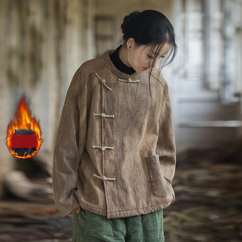 

Johnature Женские Топы в китайском стиле с воротником-стойкой, длинными рукавами и пуговицами, зимние, винтажные One Size кофейный