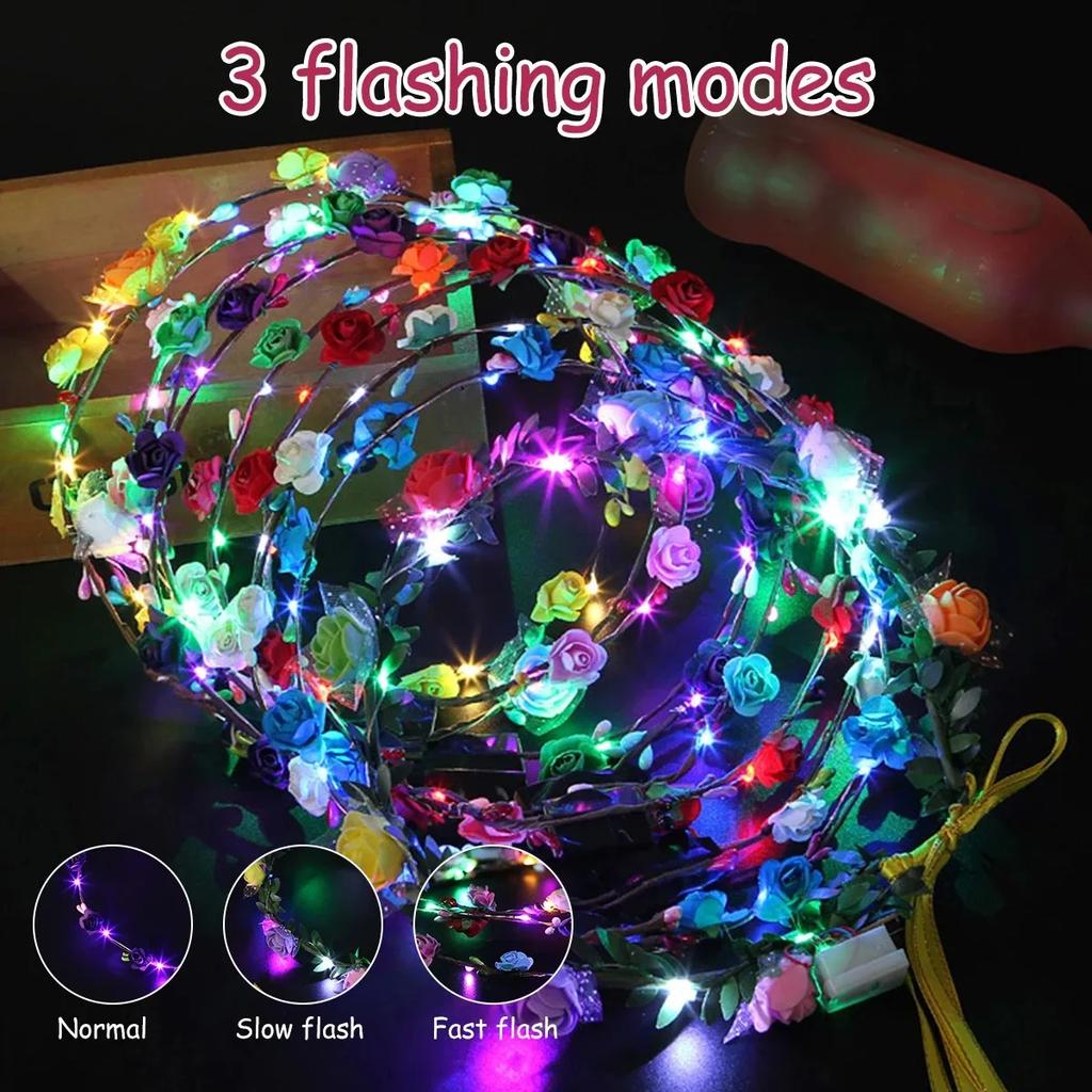 10/20/40/60Pcs Light Up Flower Headband LED Flower Hair Crown Glowing Floral Wreath Crowns Birthday Wedding Party Favors