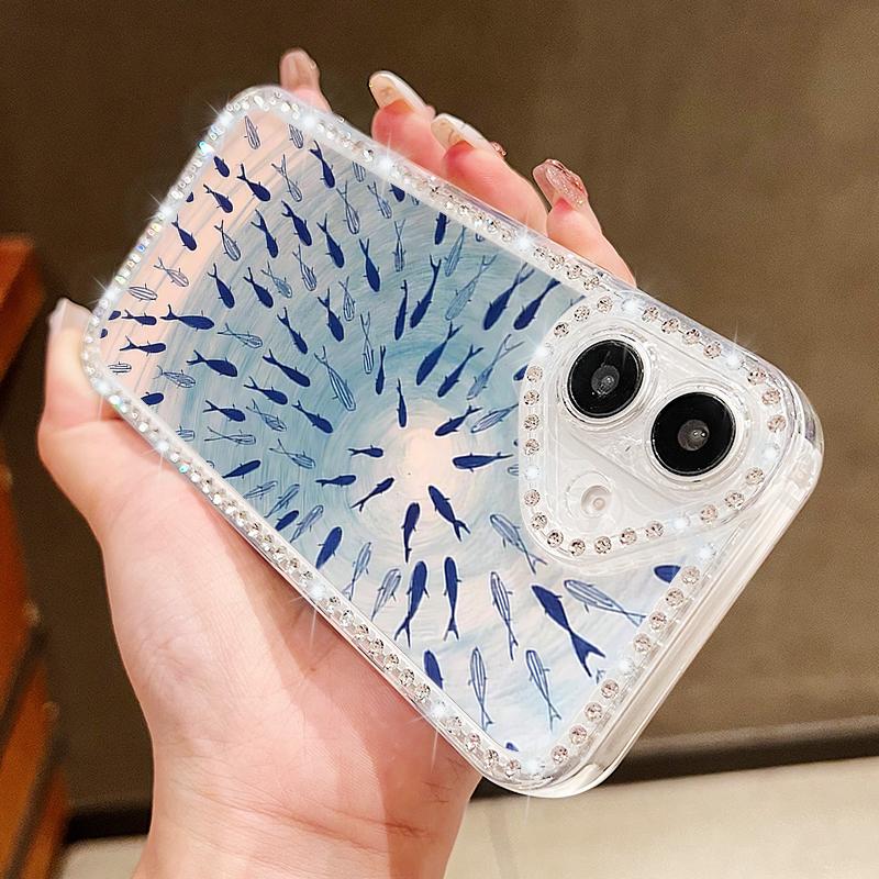 Diamond Frame Clear Phone Case For iPhone 16E 16 Pro Max 15 Pro 14 13 12 11 Whale Turtle Pattern Soft Silicone Shockproof Cover