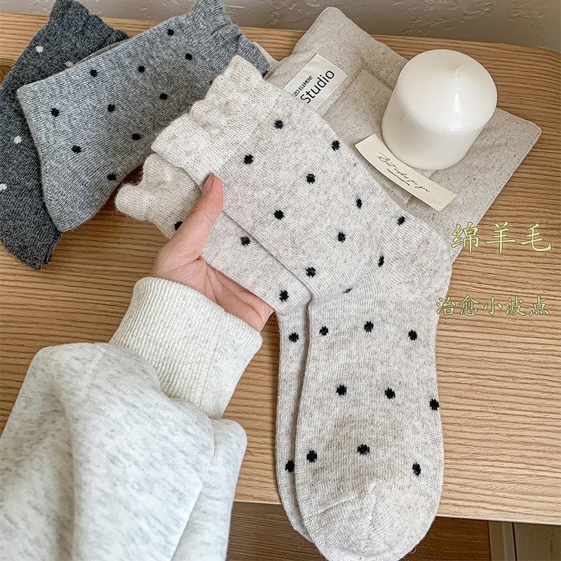 Lace Wool Socks for Women, Mid-calf Socks for Autumn and Winter, Thickened and Fleece, Warm, Polka Dot, Grey, Winter Long Socks