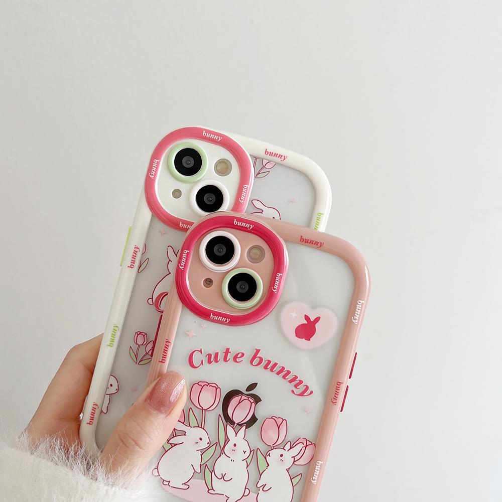 Cute Rabbit Cartoon Bunny Lovely Tulips Shockproof Bumper Clear Phone Cases For Iphone 14 11 12 13 Pro Max Soft Back Cover Case