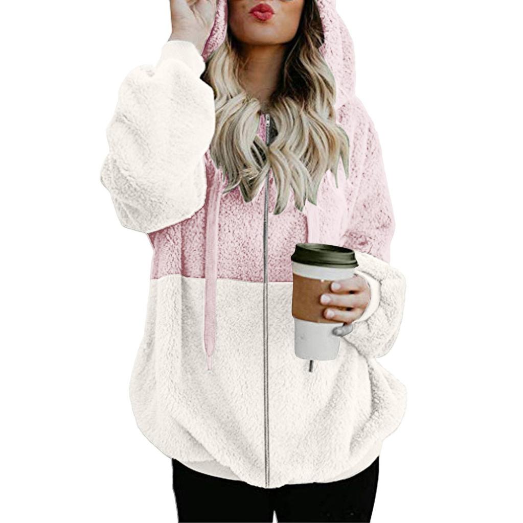 Women Hooded Sweatshirt Coat Winter Warm Zipper Pockets Cotton Coat Outwear
