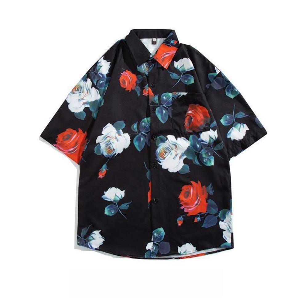 

V-neck Men Women Floral Shirts Short Sleeve Rose Flower Blouse Couple Clothing T-Shirt Summer M чорний