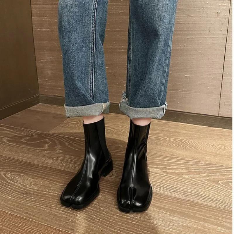 British Style Chelsea Boots Women's Short Boots Medium Tube Elastic Personality Design Horse Hoof Shoes Leather Shoes