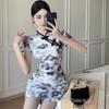Retro Batik Graffiti Cheongsam Kleid mit Froschknöpfen - Damen Sommer Schlanke Taille Kurzer Rock