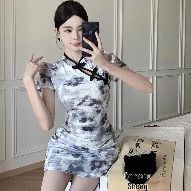Retro Batik Graffiti Cheongsam Kleid mit Froschknöpfen - Damen Sommer Schlanke Taille Kurzer Rock