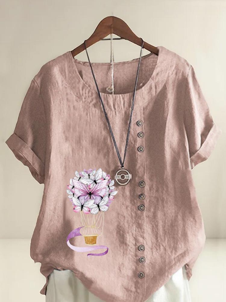 

Women s Fashion Butterfly Hot Air Balloon Print Shot Sleeve T-shirt Loose Cotton Shirt Casual Loose Summer Plus Size Blouse Tops S розовый