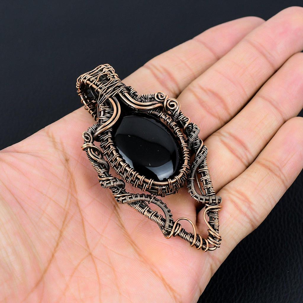 Black Onyx Gemstone Handmade Copper Wire Wrap Jewelry Pendant For Women